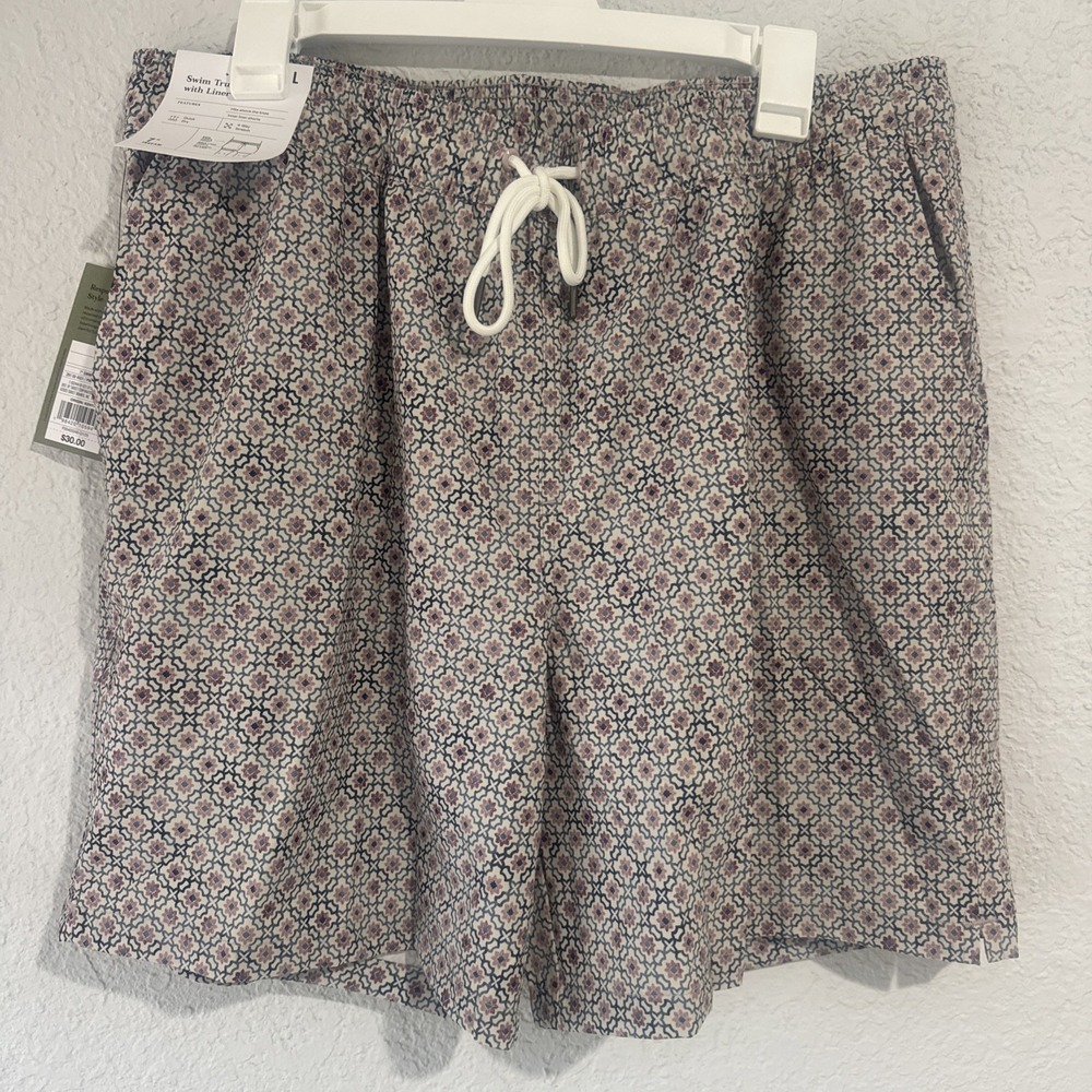 Men's Swim Trunks with Liner 7in Goodfellow & Co Size Large Blue Tan Pink NWT